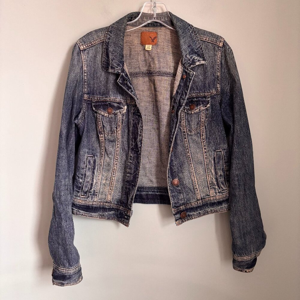 American Eagle Distressed Blue Denim Button Up Jacket